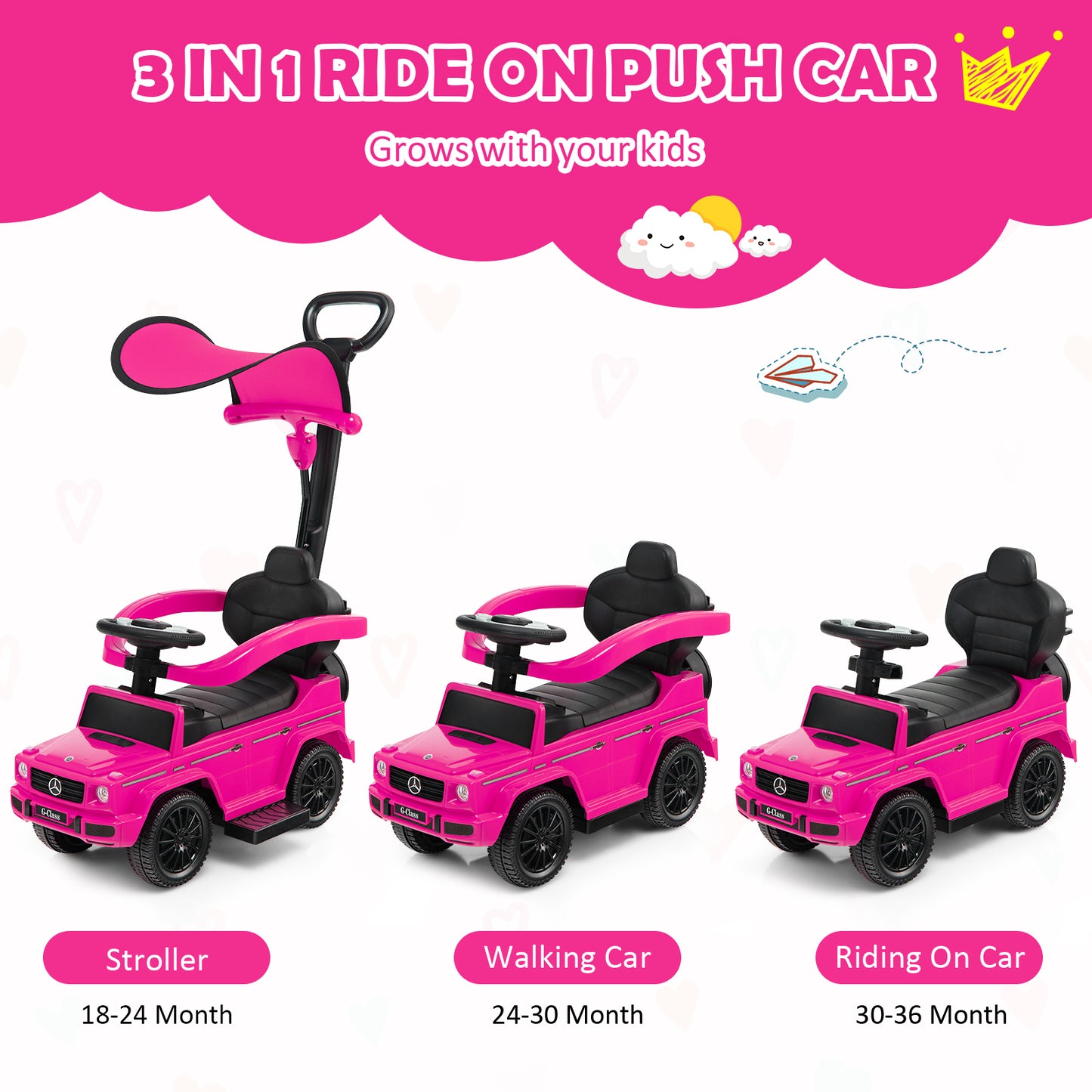 3-In-1 Ride on Push Car Mercedes Benz G350 Stroller Sliding Car with Canopy-Pink Kids Crystal