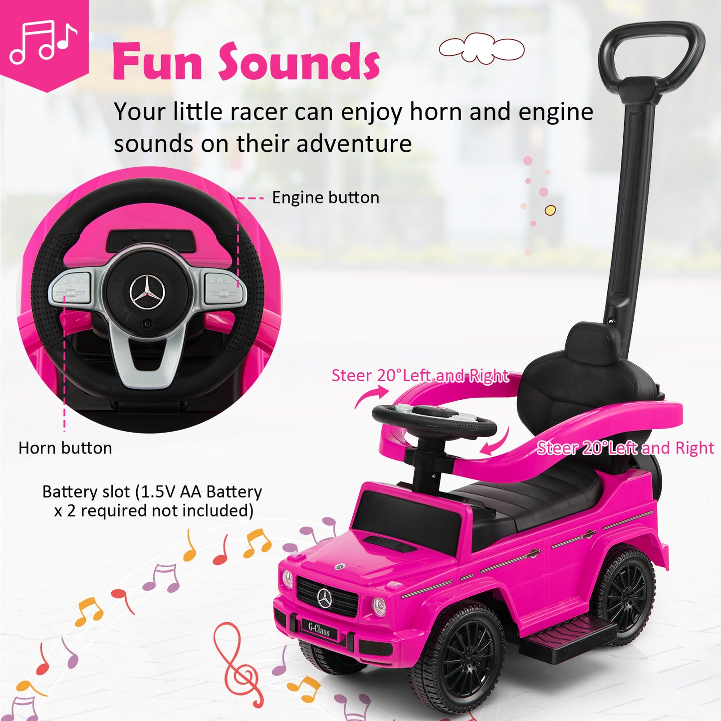 3-In-1 Ride on Push Car Mercedes Benz G350 Stroller Sliding Car with Canopy-Pink Kids Crystal