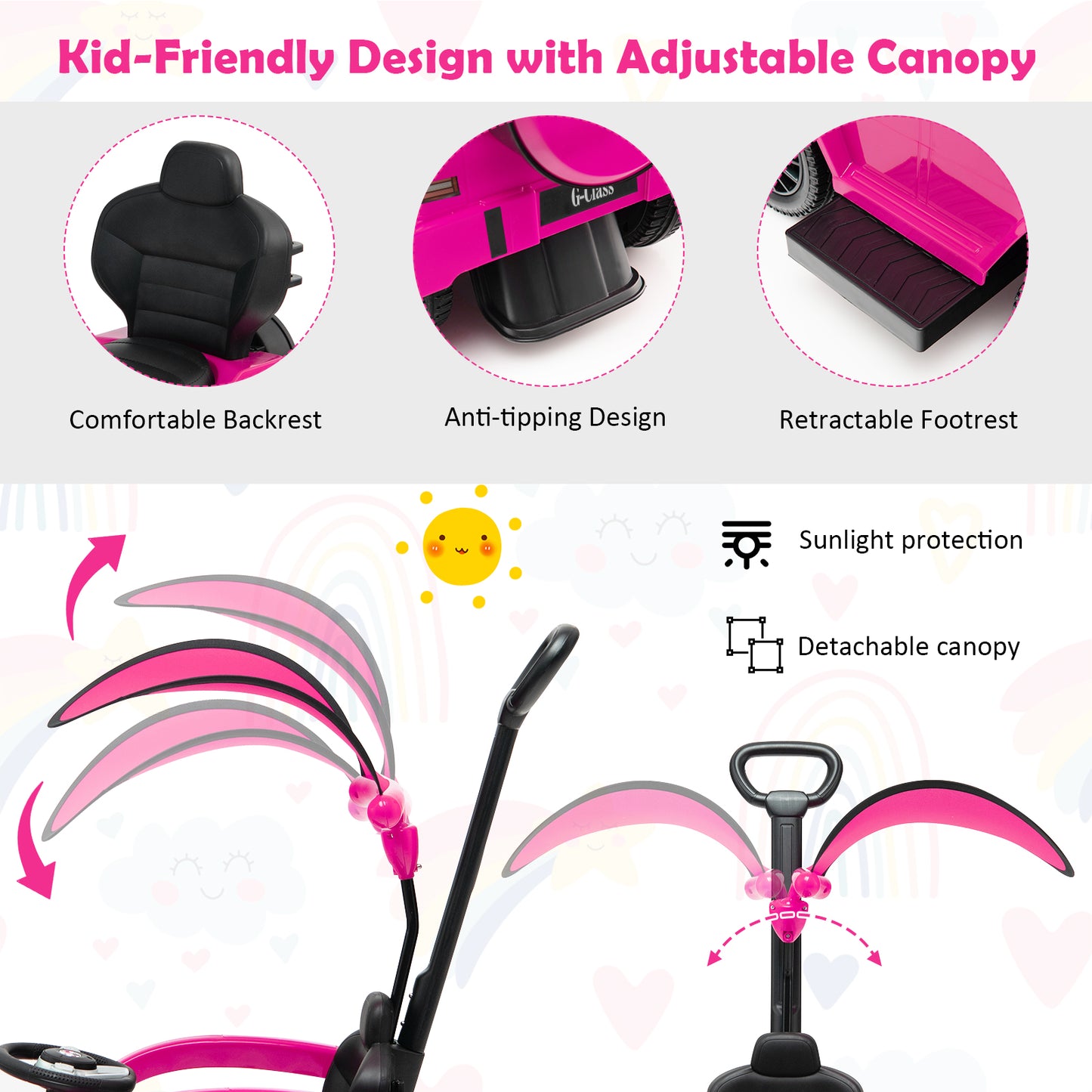3-In-1 Ride on Push Car Mercedes Benz G350 Stroller Sliding Car with Canopy-Pink Kids Crystal