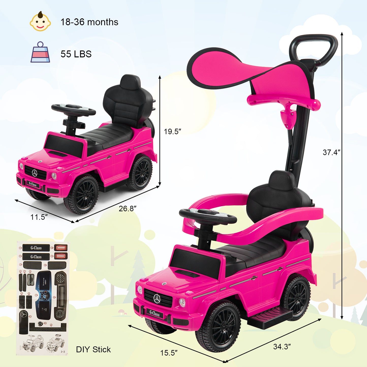 3-In-1 Ride on Push Car Mercedes Benz G350 Stroller Sliding Car with Canopy-Pink Kids Crystal