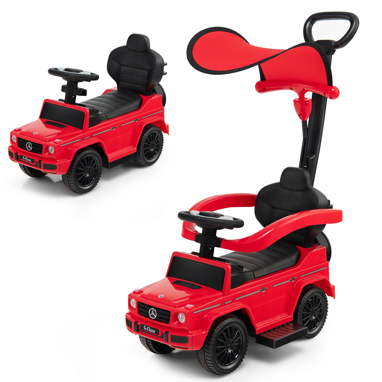 3-In-1 Ride on Push Car Mercedes Benz G350 Stroller Sliding Car with Canopy-Red Kids Crystal