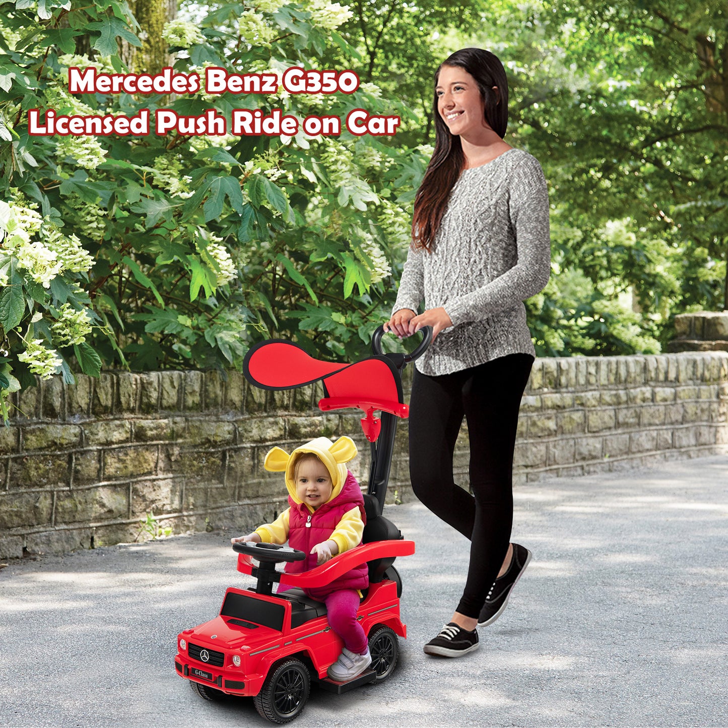 3-In-1 Ride on Push Car Mercedes Benz G350 Stroller Sliding Car with Canopy-Red Kids Crystal