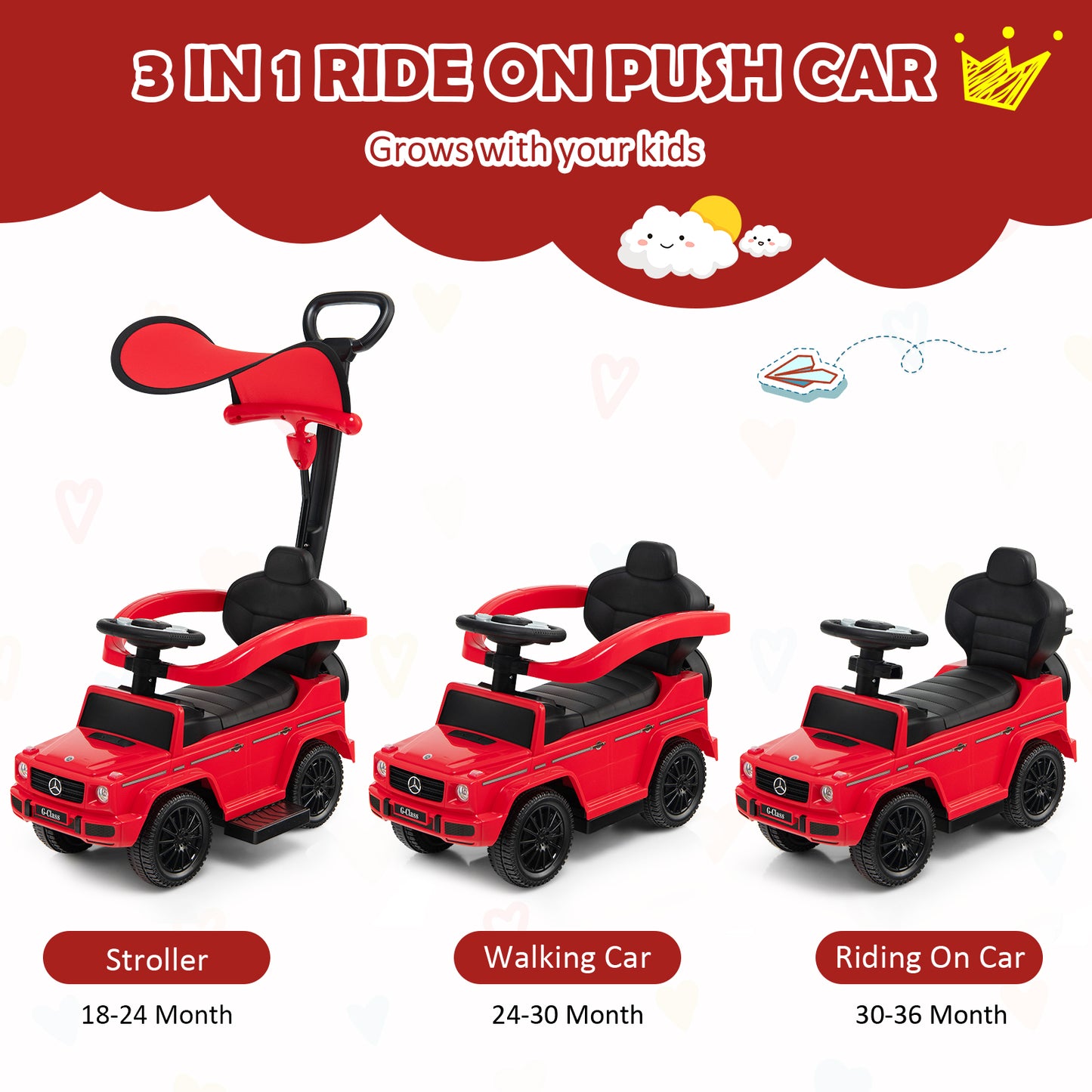 3-In-1 Ride on Push Car Mercedes Benz G350 Stroller Sliding Car with Canopy-Red Kids Crystal