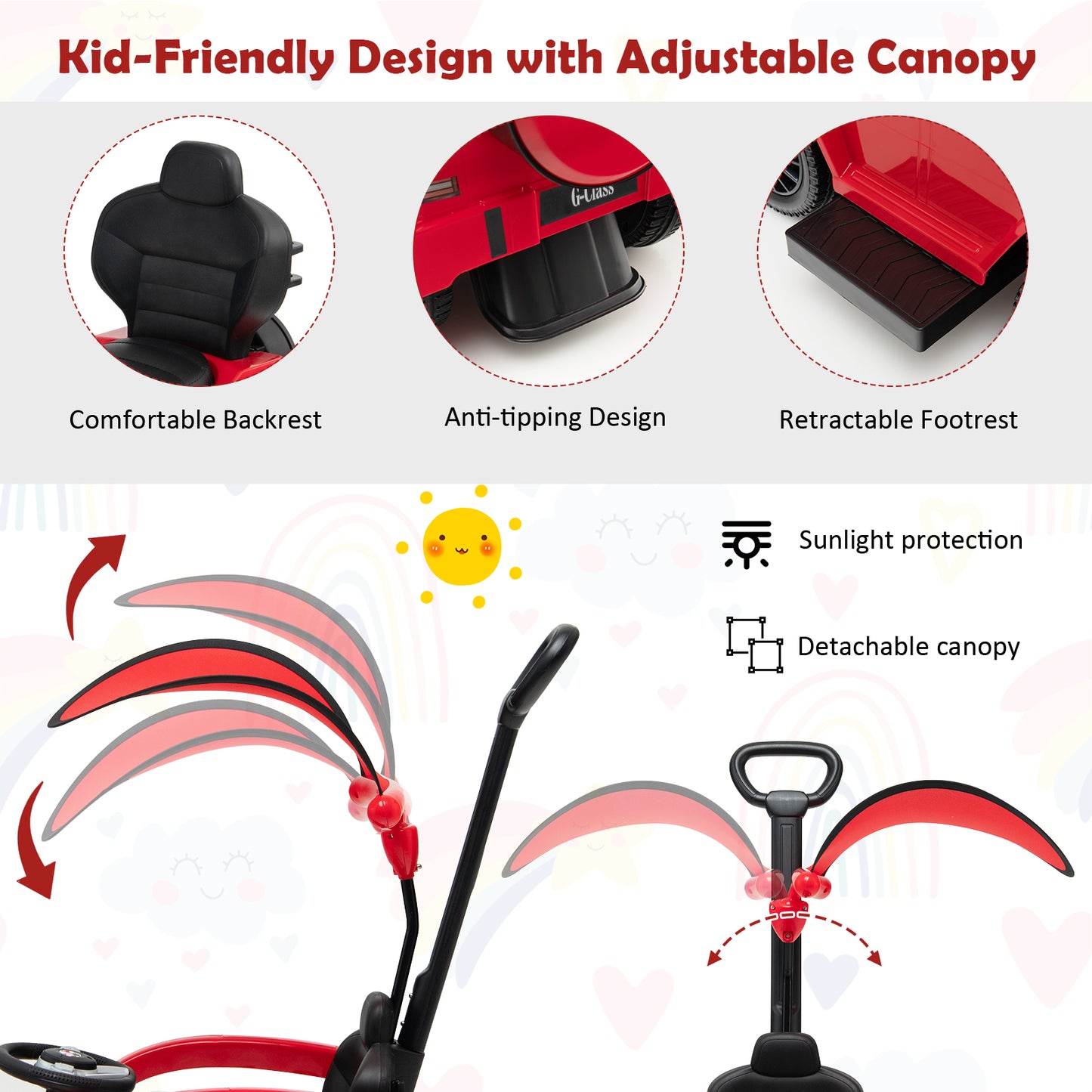 3-In-1 Ride on Push Car Mercedes Benz G350 Stroller Sliding Car with Canopy-Red Kids Crystal