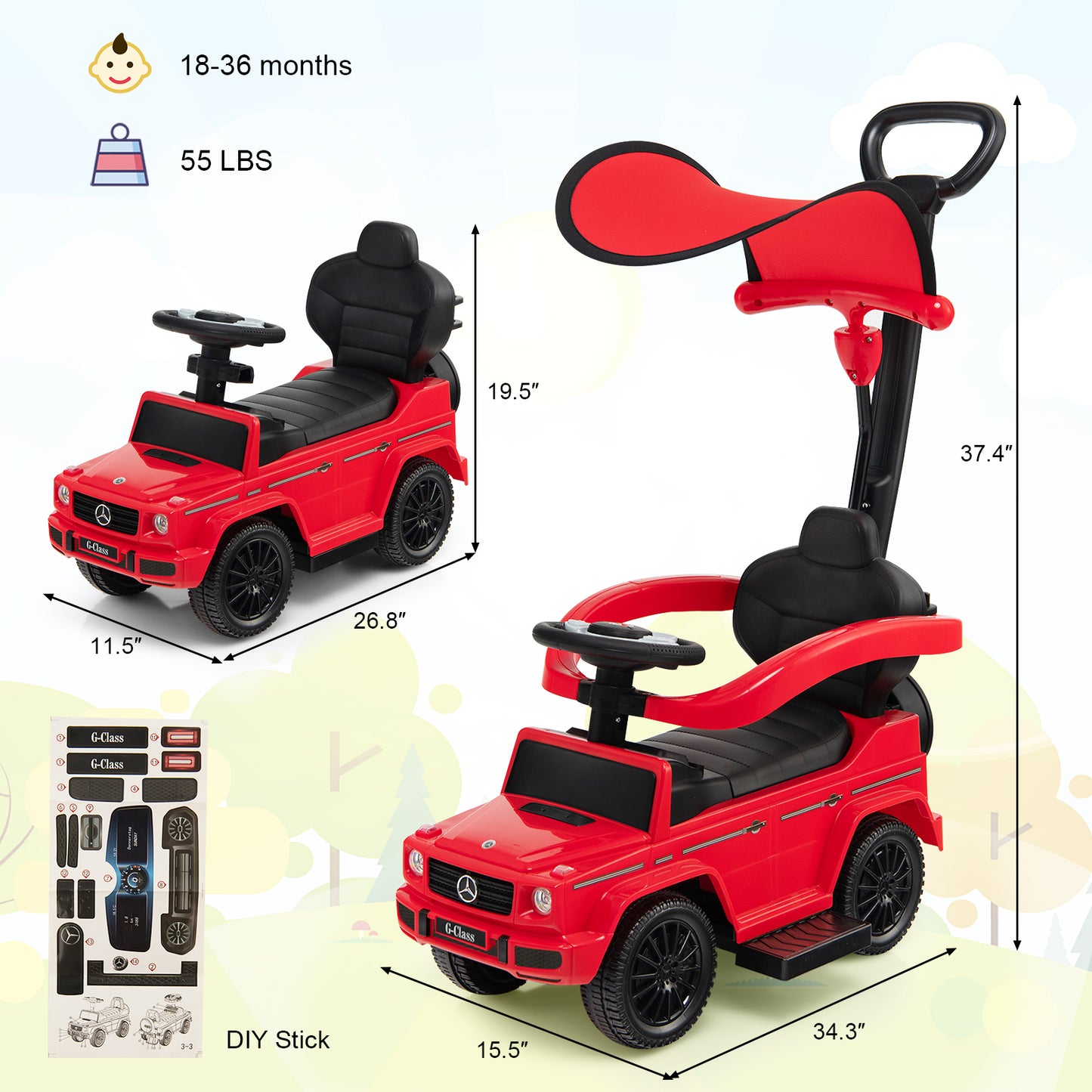 3-In-1 Ride on Push Car Mercedes Benz G350 Stroller Sliding Car with Canopy-Red Kids Crystal