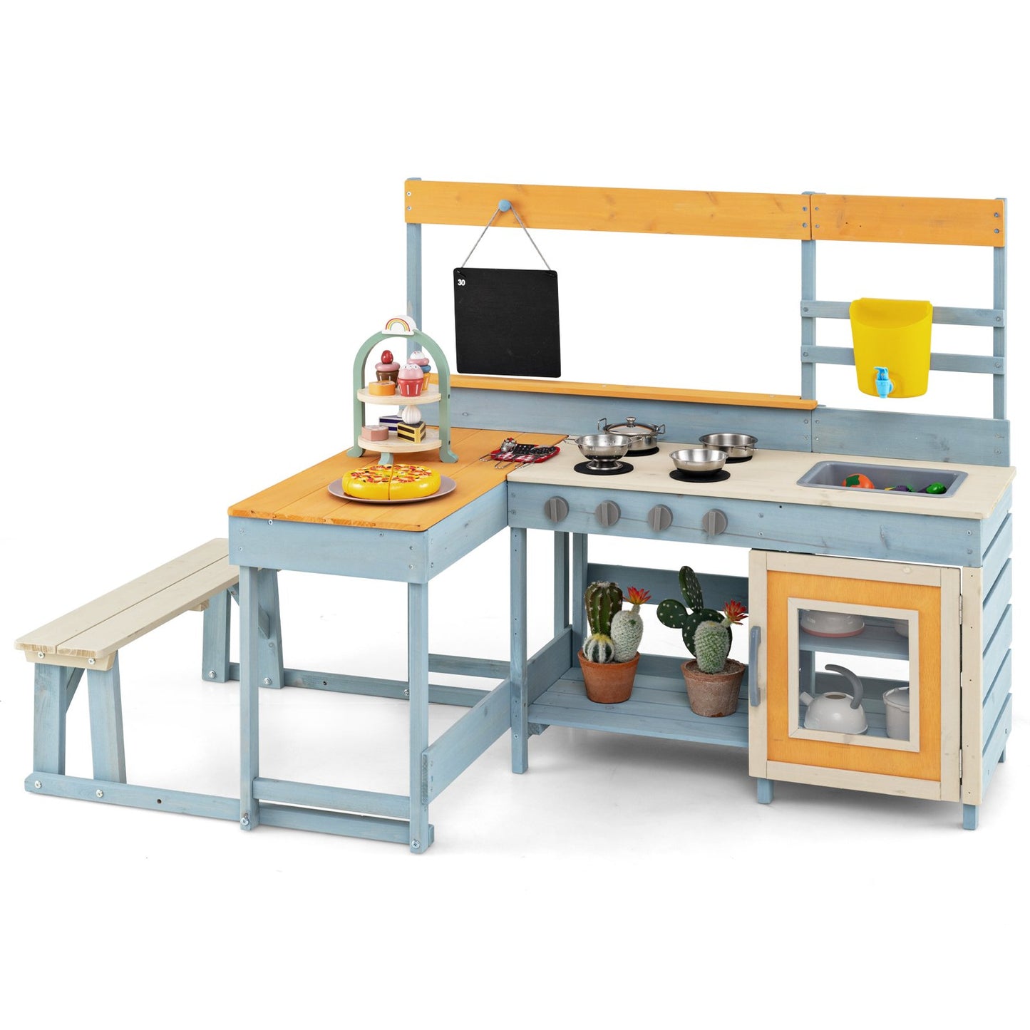 Fir Wood Play Kitchen with Kids Picnic Table and Built-in Bench-Grey Kids Crystal