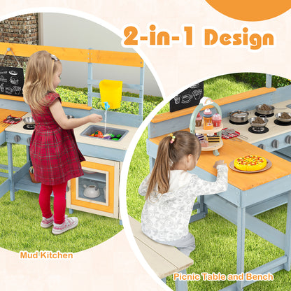 Fir Wood Play Kitchen with Kids Picnic Table and Built-in Bench-Grey