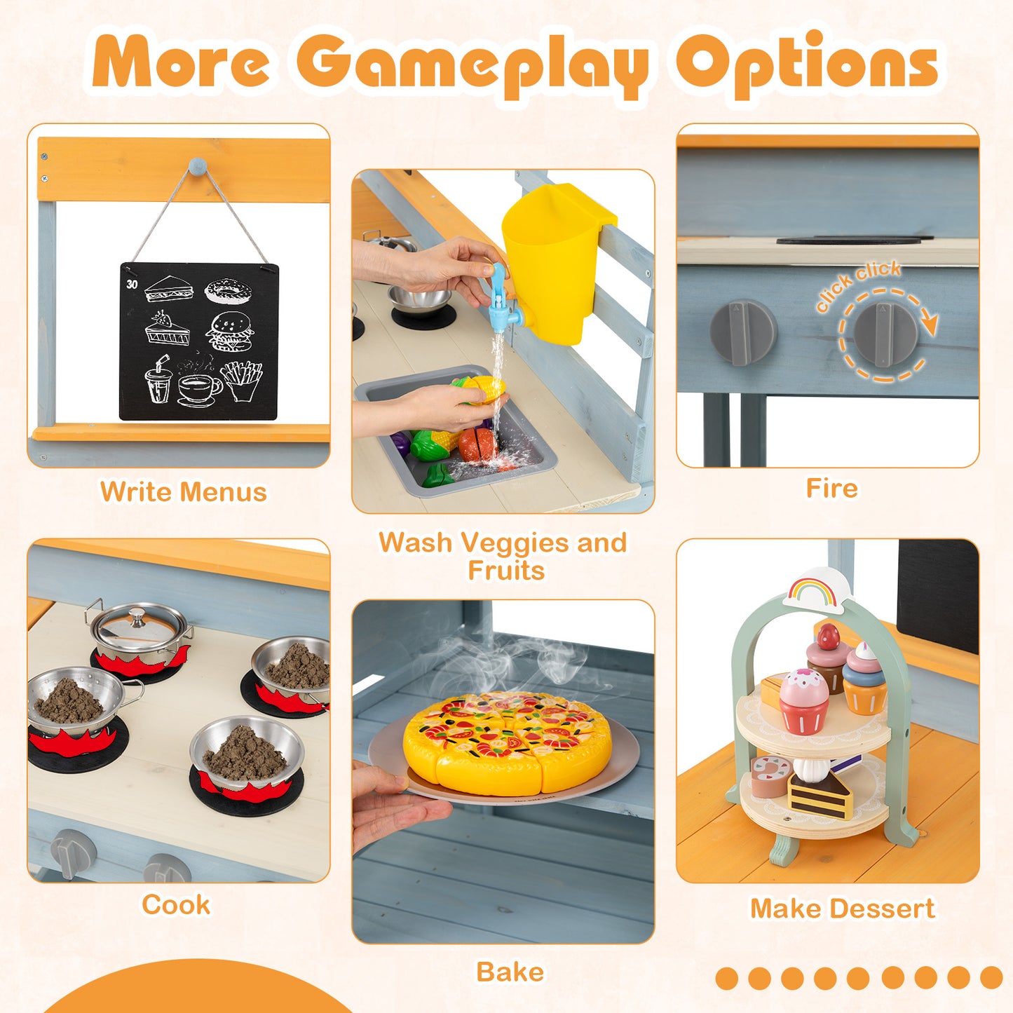 Fir Wood Play Kitchen with Kids Picnic Table and Built-in Bench-Grey Kids Crystal