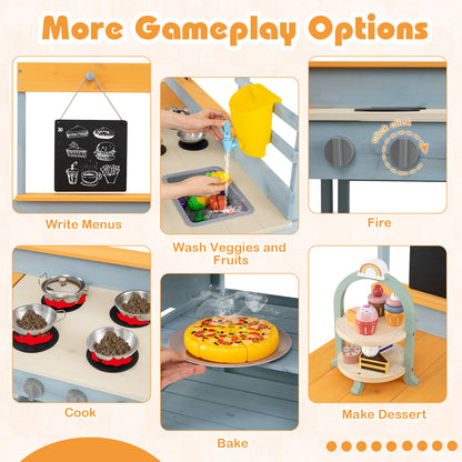 Fir Wood Play Kitchen with Kids Picnic Table and Built-in Bench-Grey