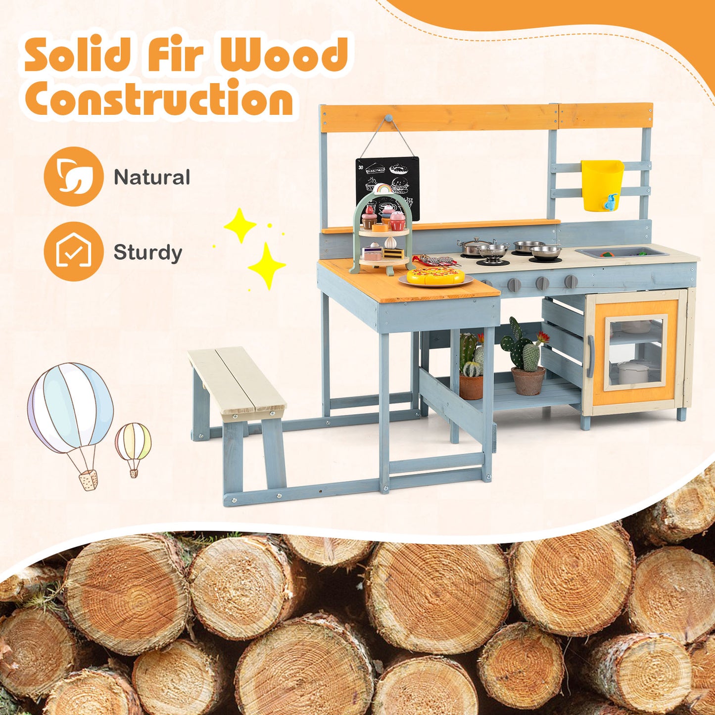 Fir Wood Play Kitchen with Kids Picnic Table and Built-in Bench-Grey Kids Crystal