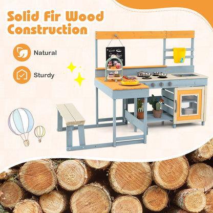 Fir Wood Play Kitchen with Kids Picnic Table and Built-in Bench-Grey