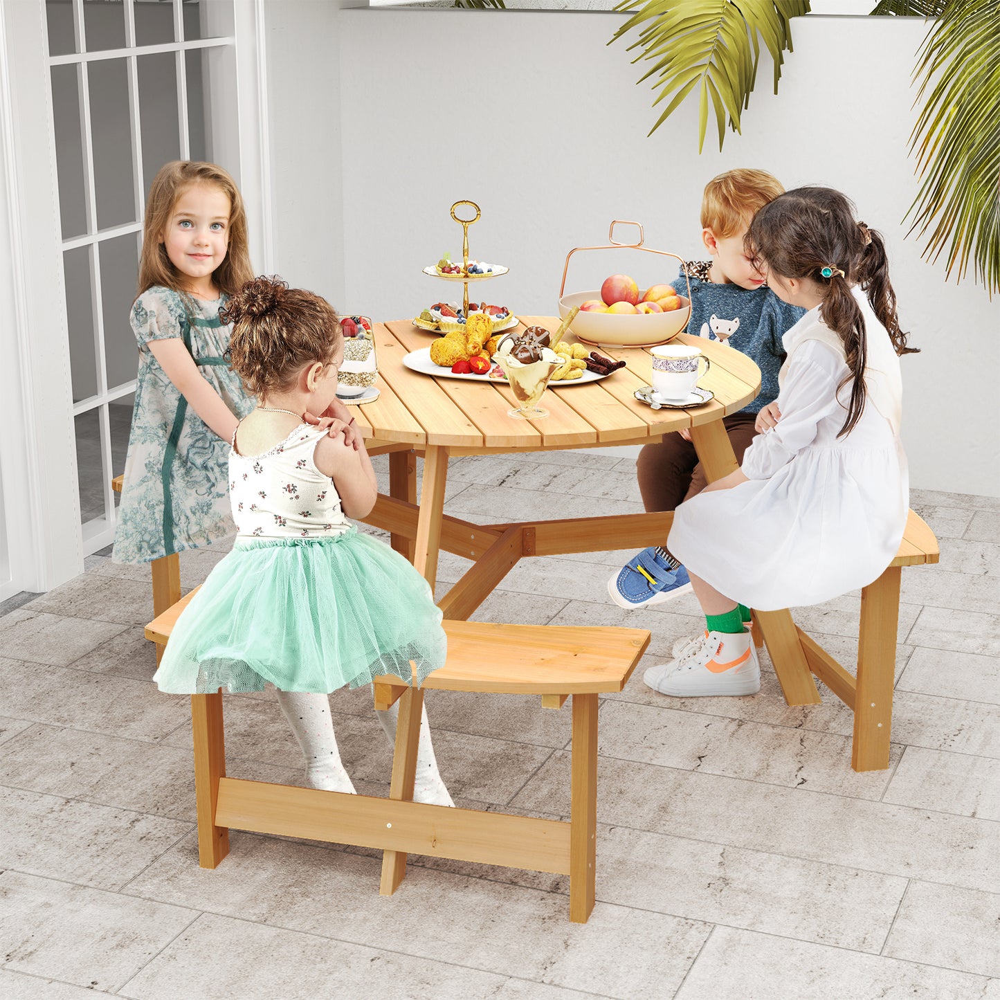 Kids Outdoor Wooden Picnic Table and Bench Set with Umbrella Hole-Natural
