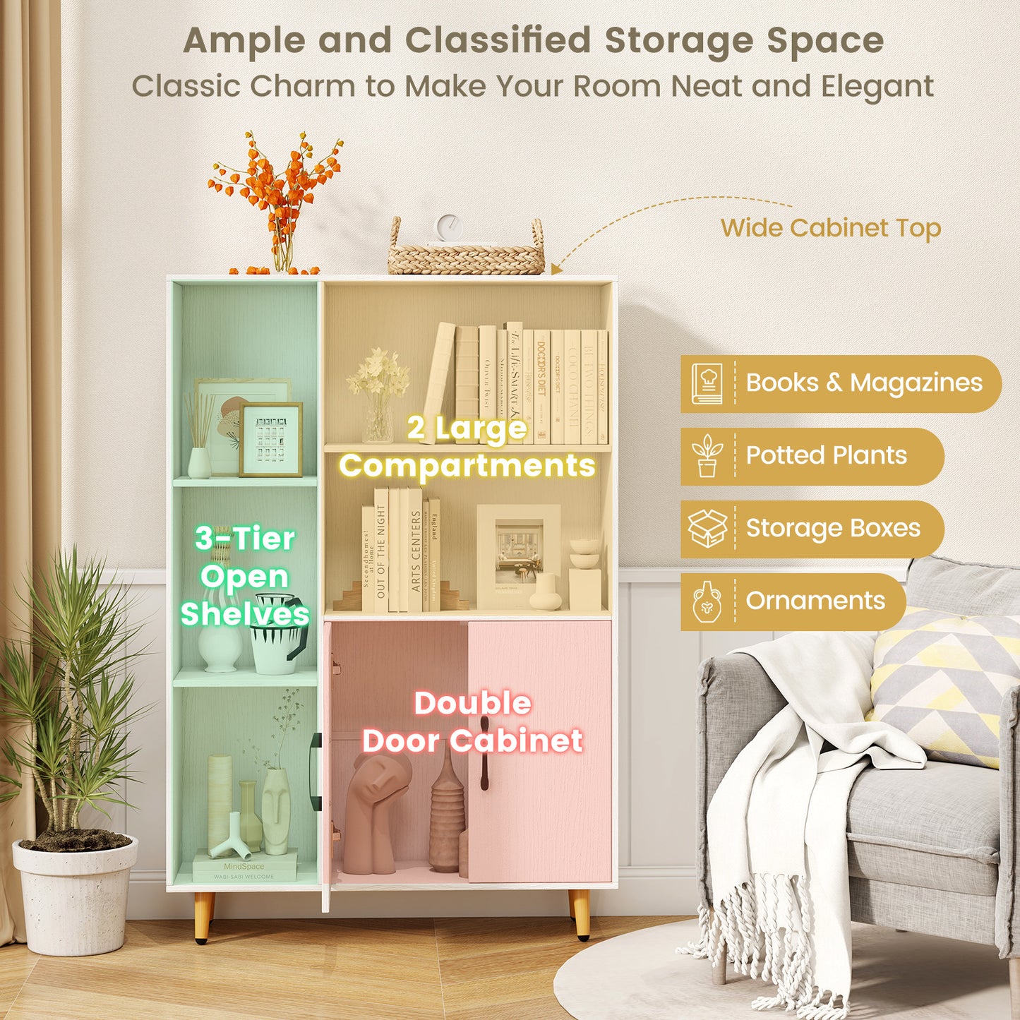 Free Standing Pantry Cabinet with 2 Door Cabinet and 5 Shelves Kids Crystal