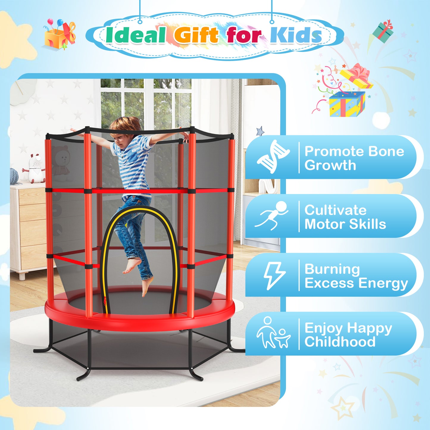 55 Inch Kids Recreational Trampoline Bouncing Jumping Mat with Enclosure Net-Red Kids Crystal