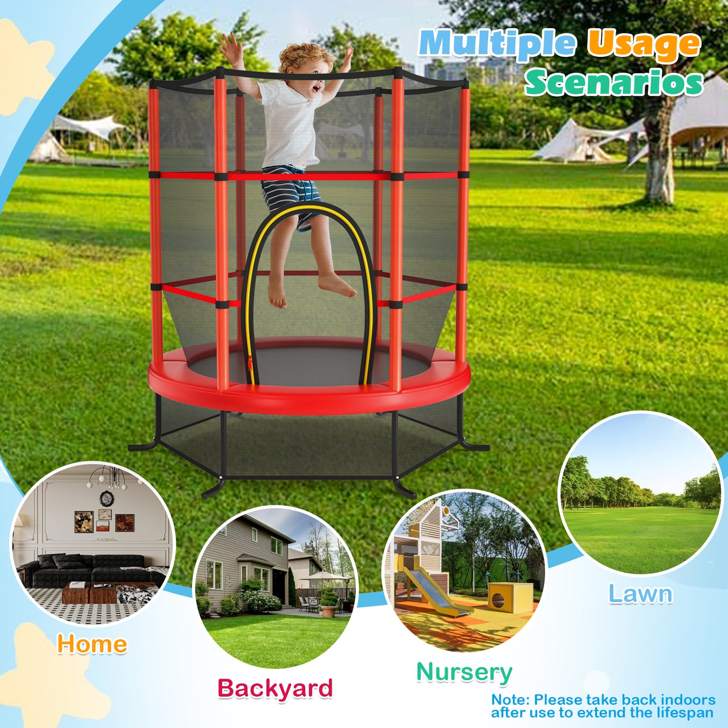 55 Inch Kids Recreational Trampoline Bouncing Jumping Mat with Enclosure Net-Red Kids Crystal
