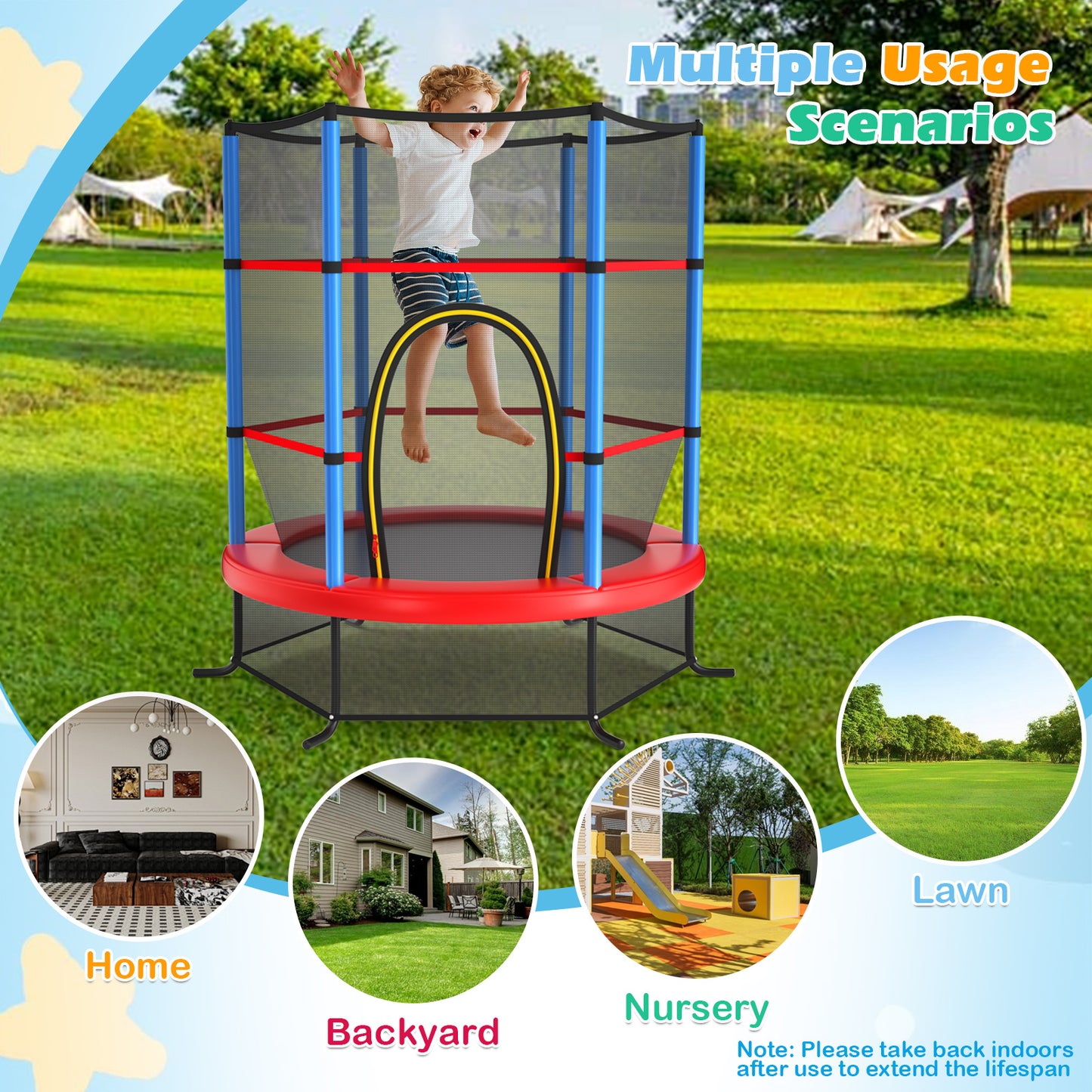 55 Inch Kids Recreational Trampoline Bouncing Jumping Mat with Enclosure Net-Navy Kids Crystal