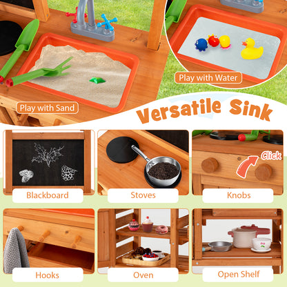 Wooden Pretend Play Kitchen with Height Adjustable Canopy for Kids-Natural