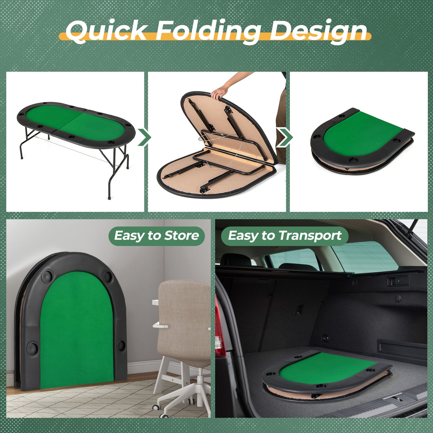 8 Players Texas Holdem Foldable Poker Table-Green Kids Crystal
