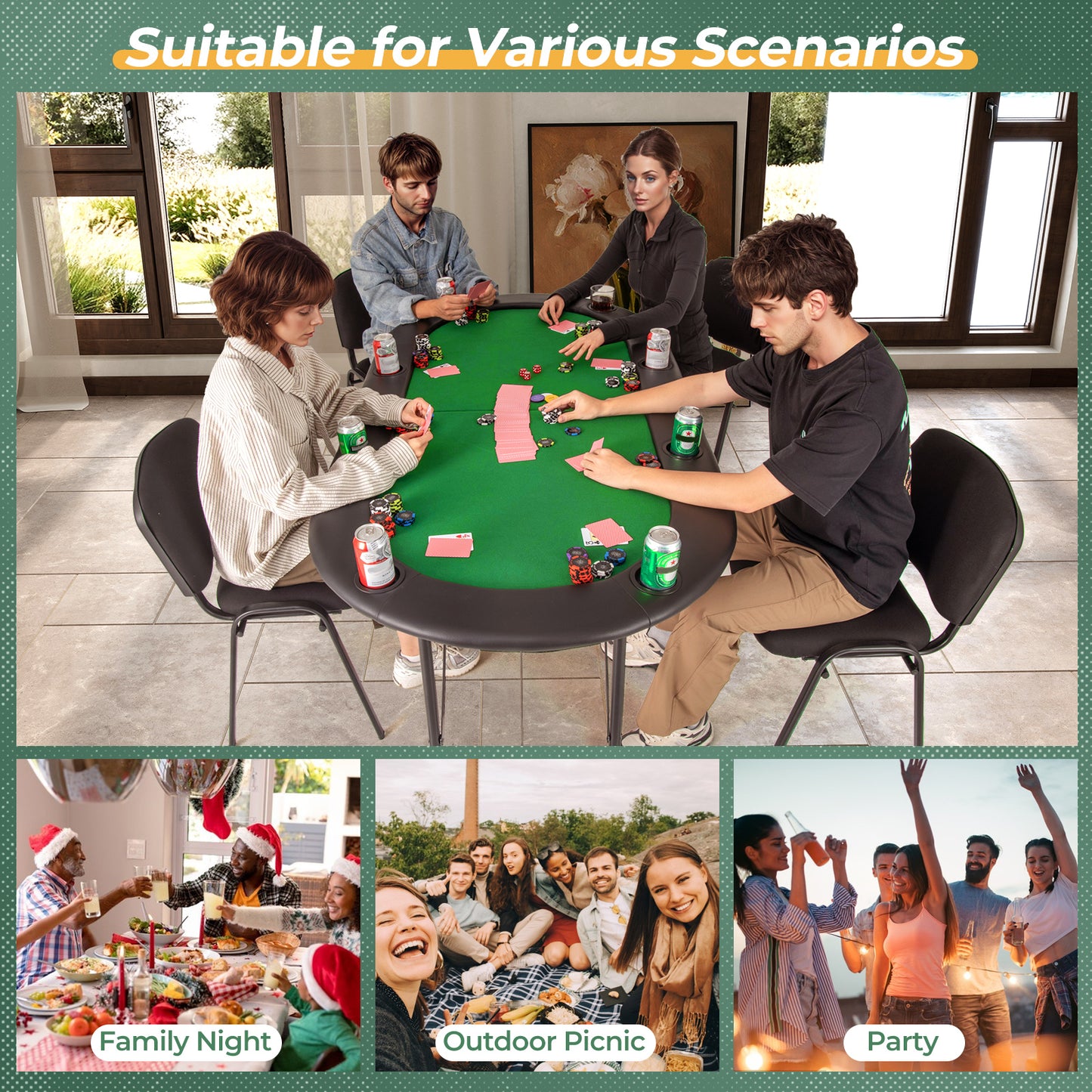 8 Players Texas Holdem Foldable Poker Table-Green Kids Crystal