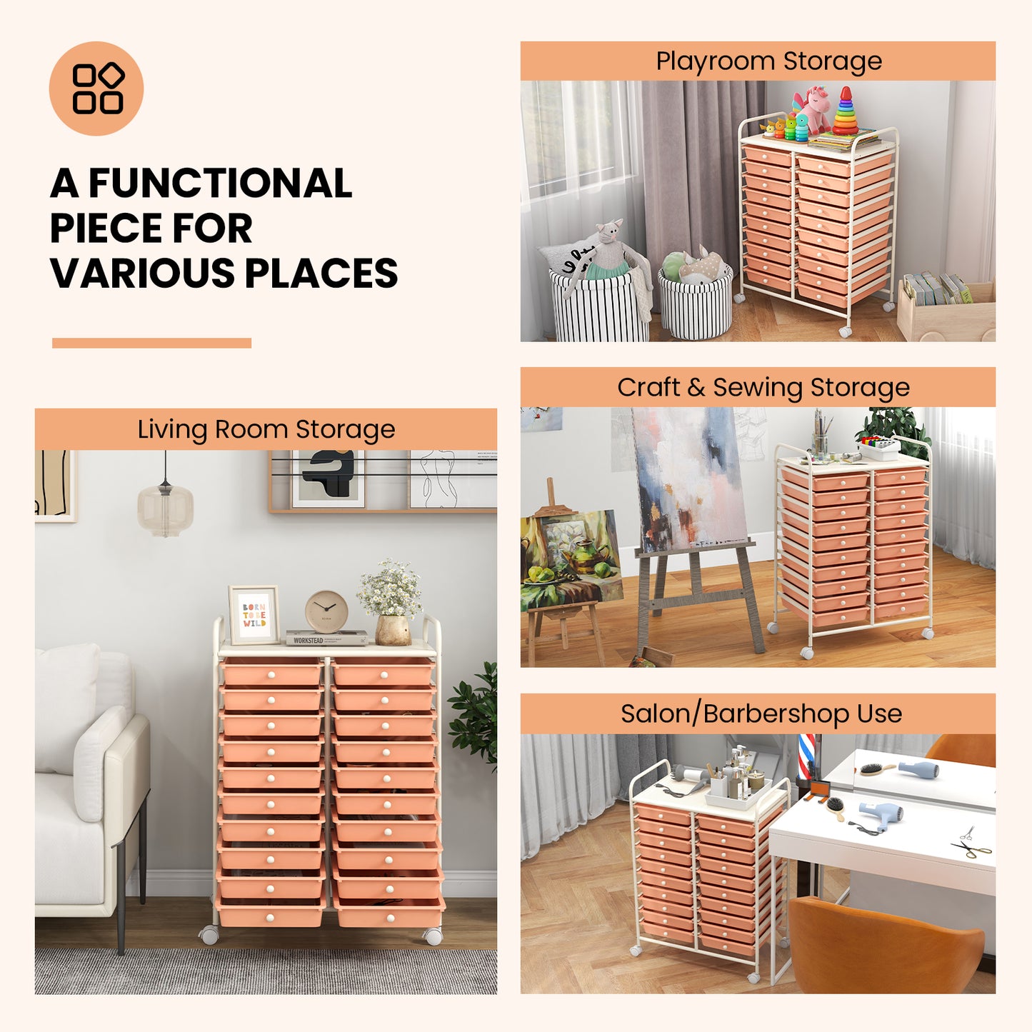 20 Drawers Rolling Storage Cart Studio Organizer-Peach Kids Crystal