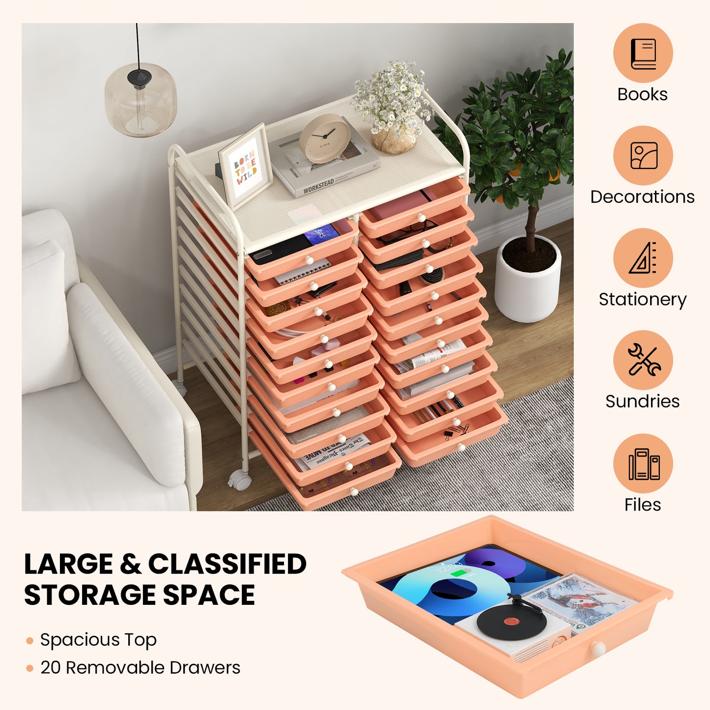 20 Drawers Rolling Storage Cart Studio Organizer-Peach Kids Crystal