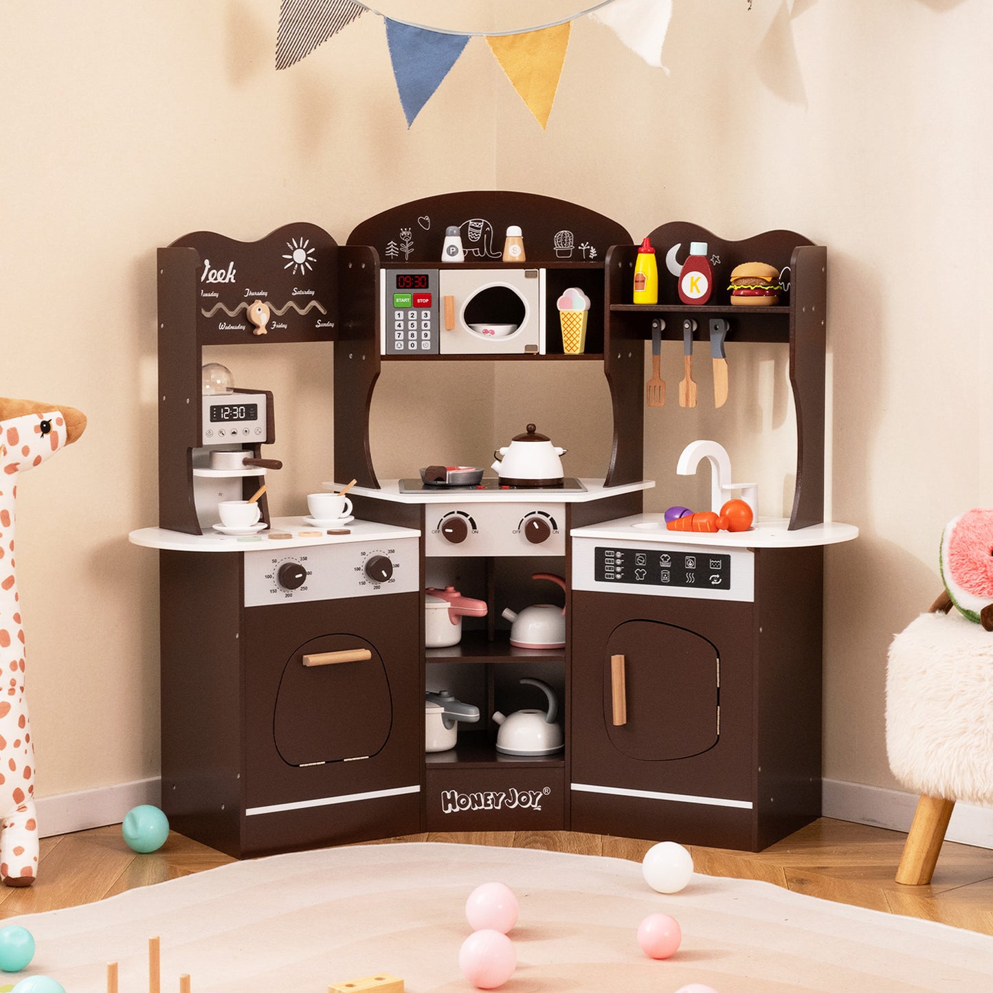 Corner Wooden Play Kitchen with Coffee Machine and Slide for Kids-Brown Kids Crystal