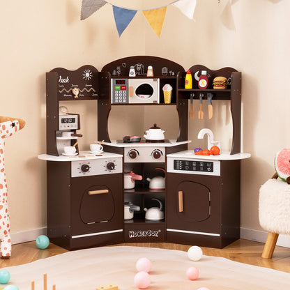 Corner Wooden Play Kitchen with Coffee Machine and Slide for Kids-Brown
