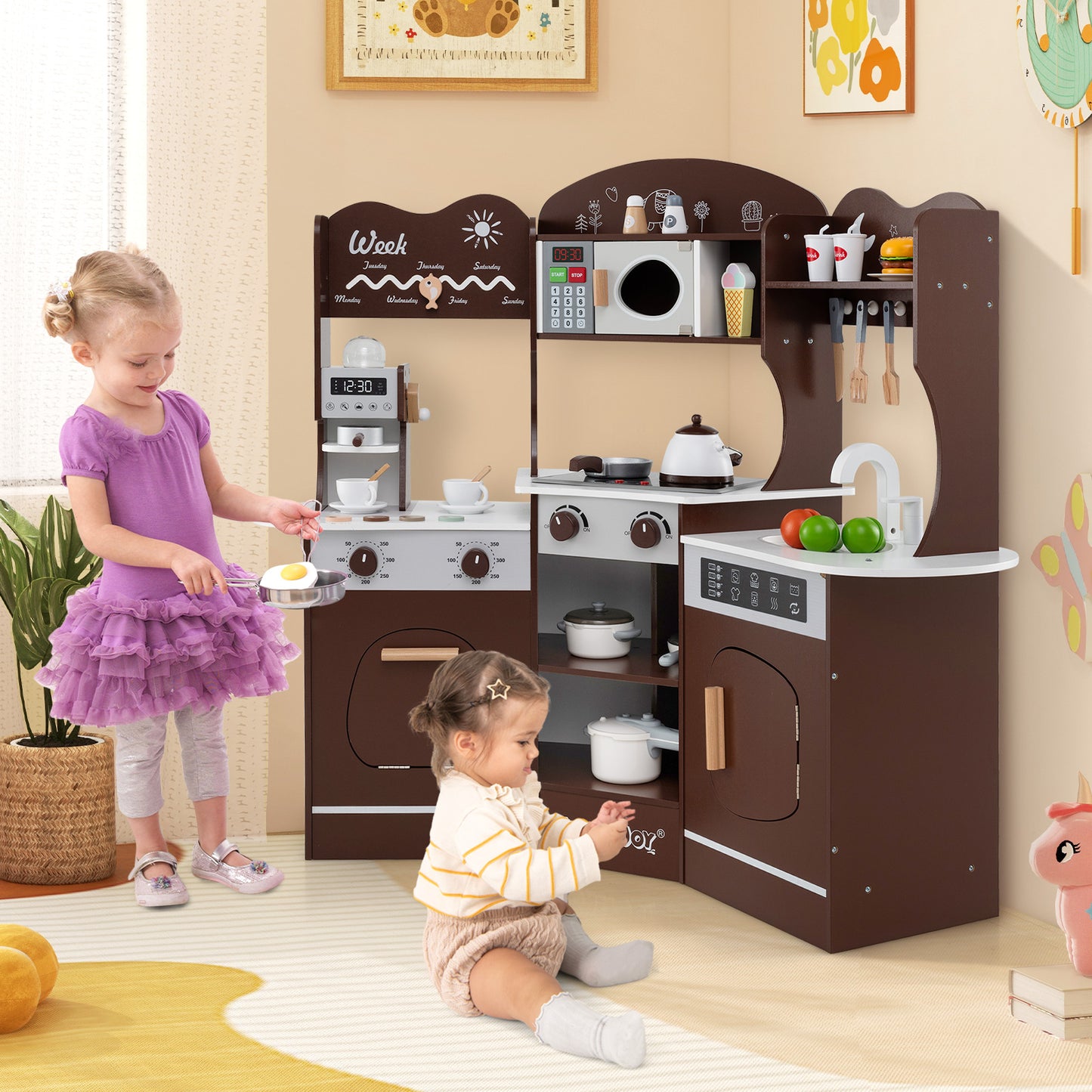 Corner Wooden Play Kitchen with Coffee Machine and Slide for Kids-Brown Kids Crystal