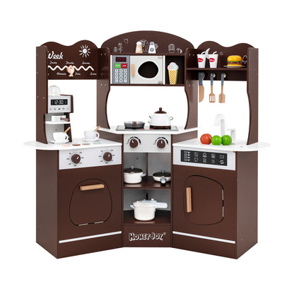 Corner Wooden Play Kitchen with Coffee Machine and Slide for Kids-Brown