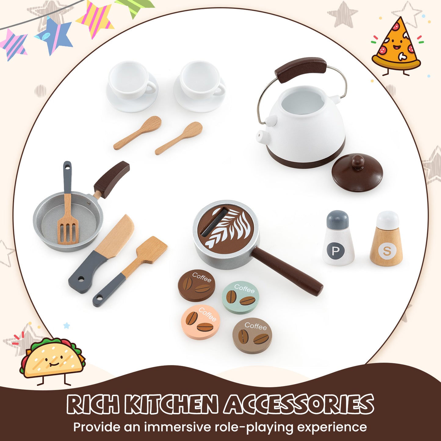 Corner Wooden Play Kitchen with Coffee Machine and Slide for Kids-Brown Kids Crystal