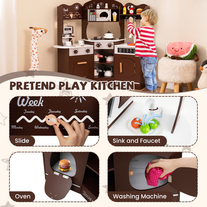 Corner Wooden Play Kitchen with Coffee Machine and Slide for Kids-Brown