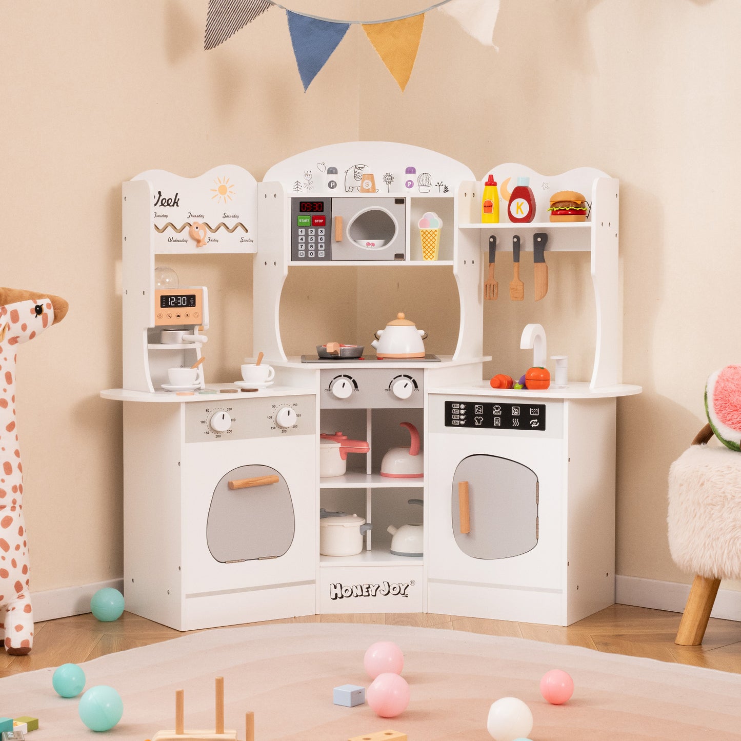 Corner Wooden Play Kitchen with Coffee Machine and Slide for Kids-White Kids Crystal
