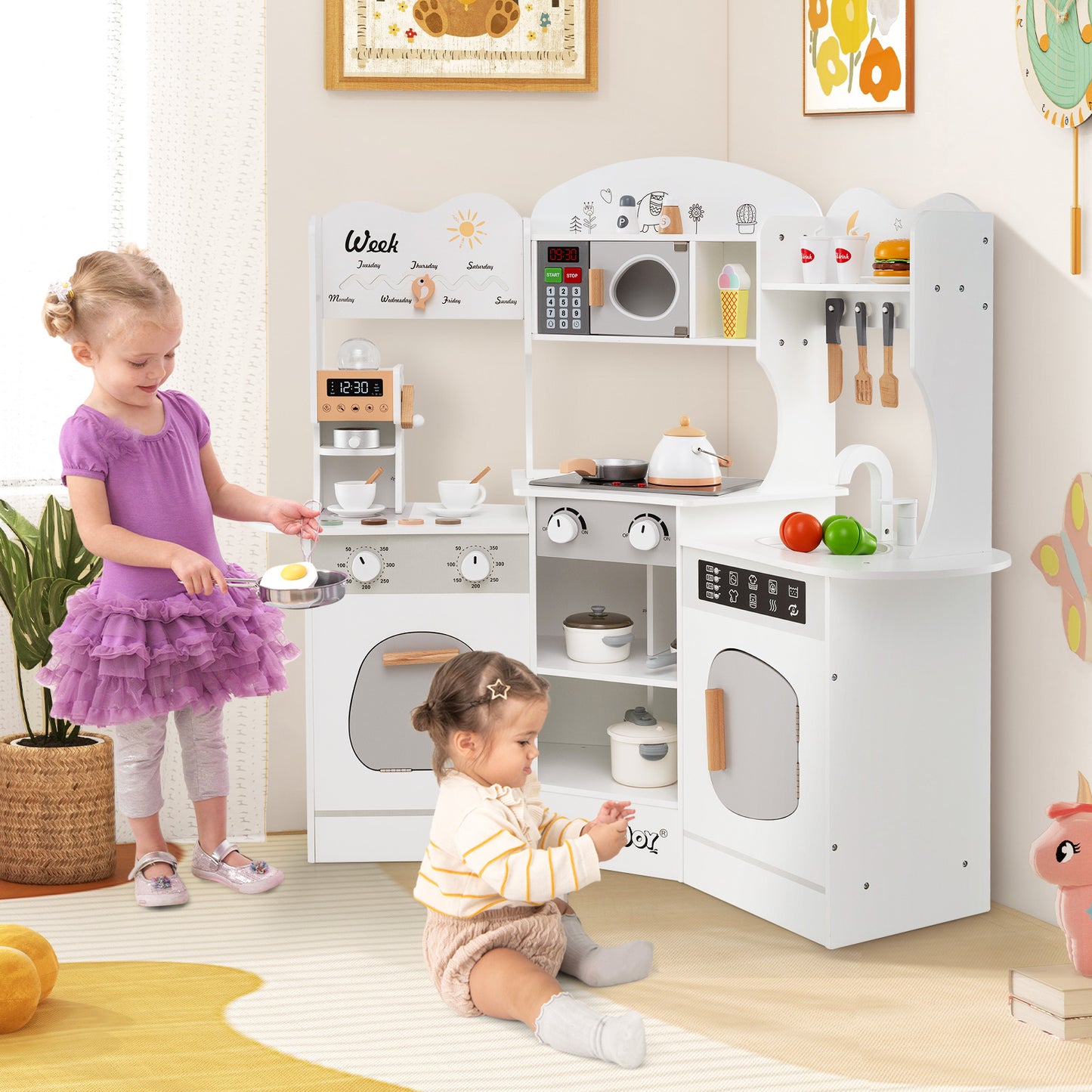 Corner Wooden Play Kitchen with Coffee Machine and Slide for Kids-White Kids Crystal