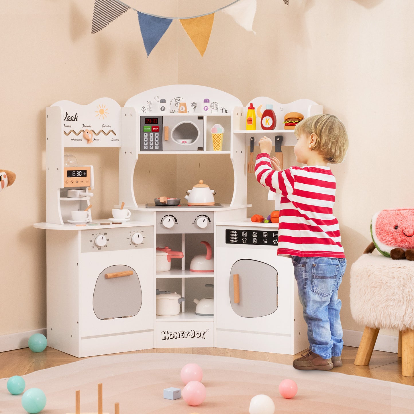 Corner Wooden Play Kitchen with Coffee Machine and Slide for Kids-White Kids Crystal