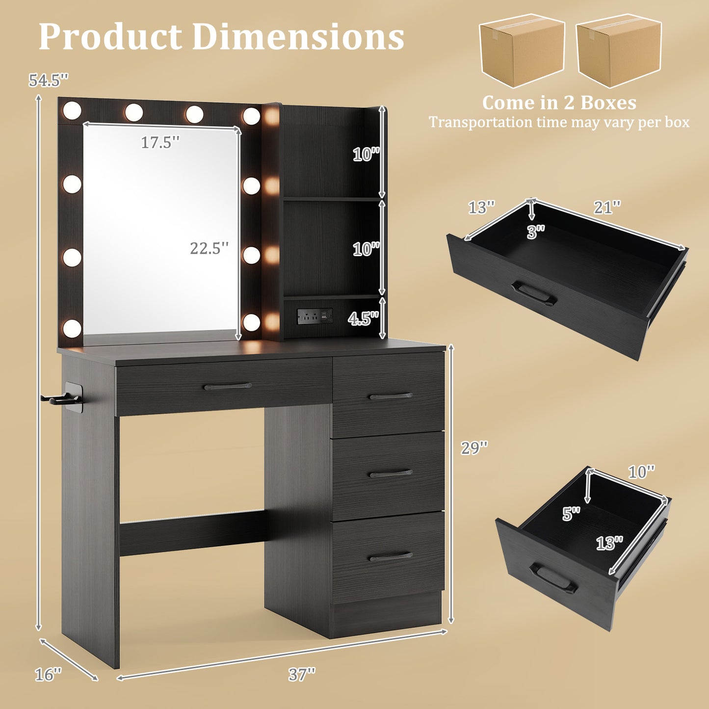 Vanity Desk with 3-Color Lights and Power Outlets-Black Kids Crystal