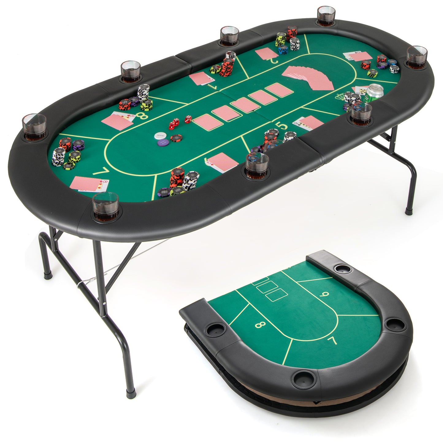 72 x 36 x 30.5 Inch Foldable Poker Table with 8 Cup Holders-Green Kids Crystal