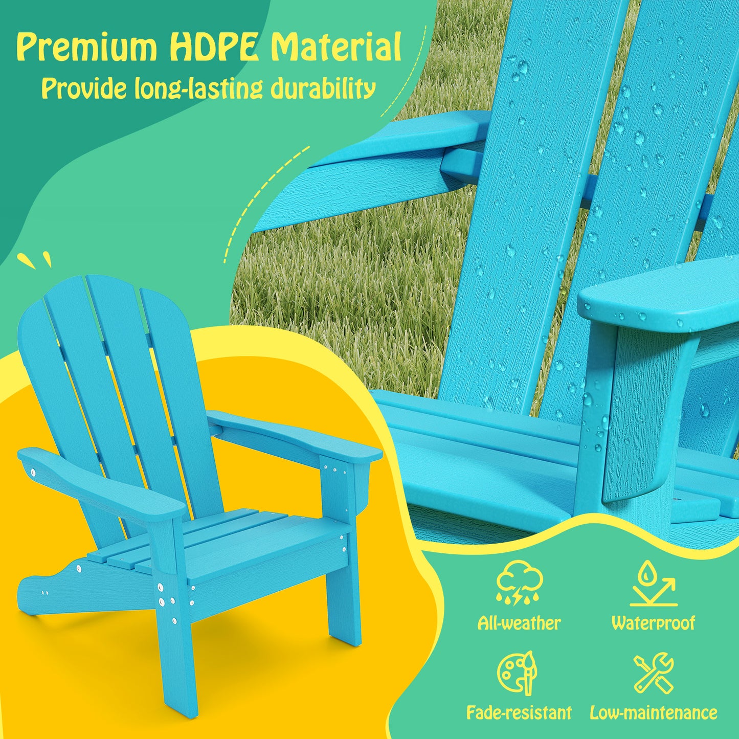 All-Weather HDPE Kid's Adirondack Chair with with High Backrest and Armrests-Turquoise Kids Crystal