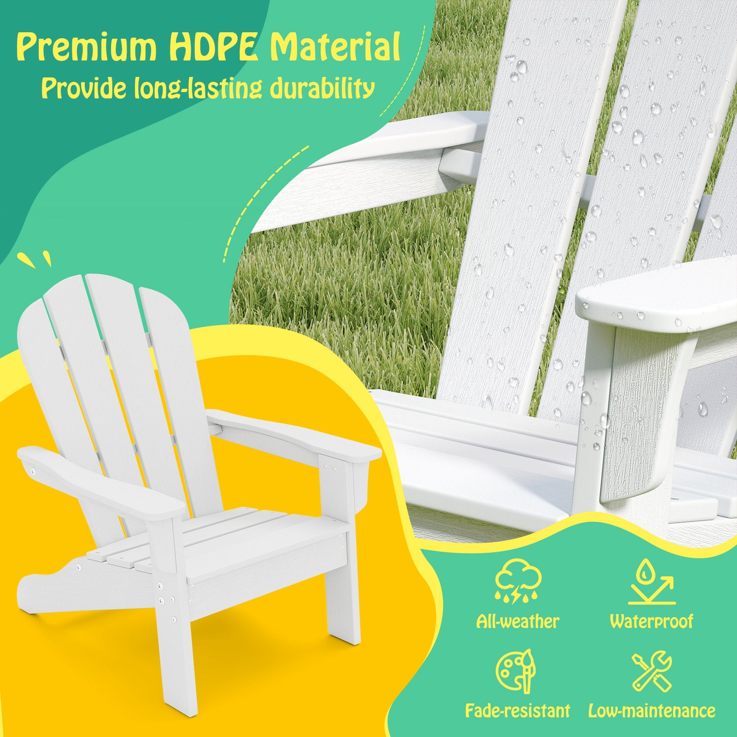 All-Weather HDPE Kid's Adirondack Chair with with High Backrest and Armrests-White