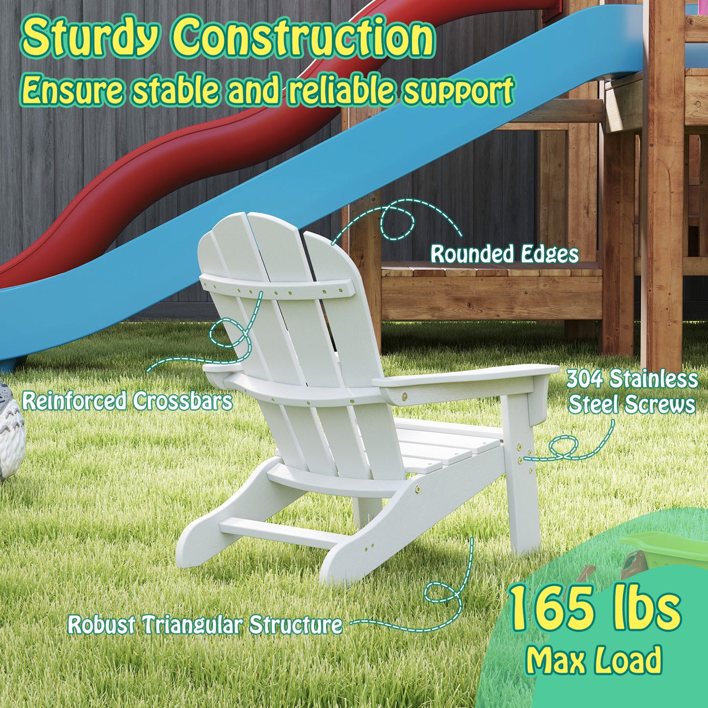All-Weather HDPE Kid's Adirondack Chair with with High Backrest and Armrests-White