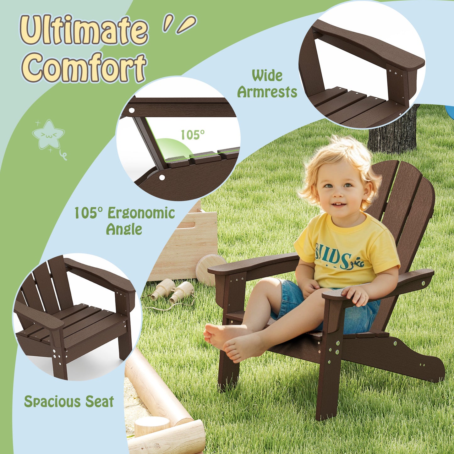 All-Weather HDPE Kid's Adirondack Chair with with High Backrest and Armrests-Brown