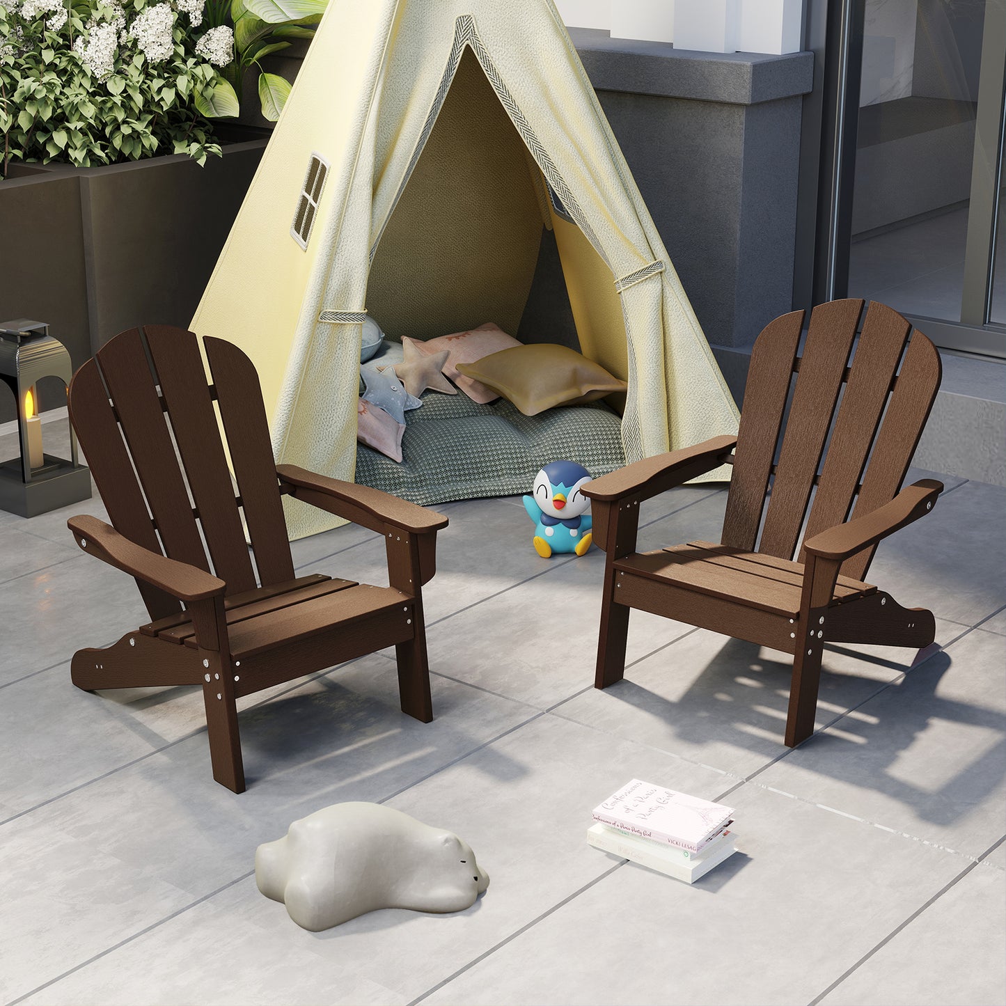 All-Weather HDPE Kid's Adirondack Chair with with High Backrest and Armrests-Brown