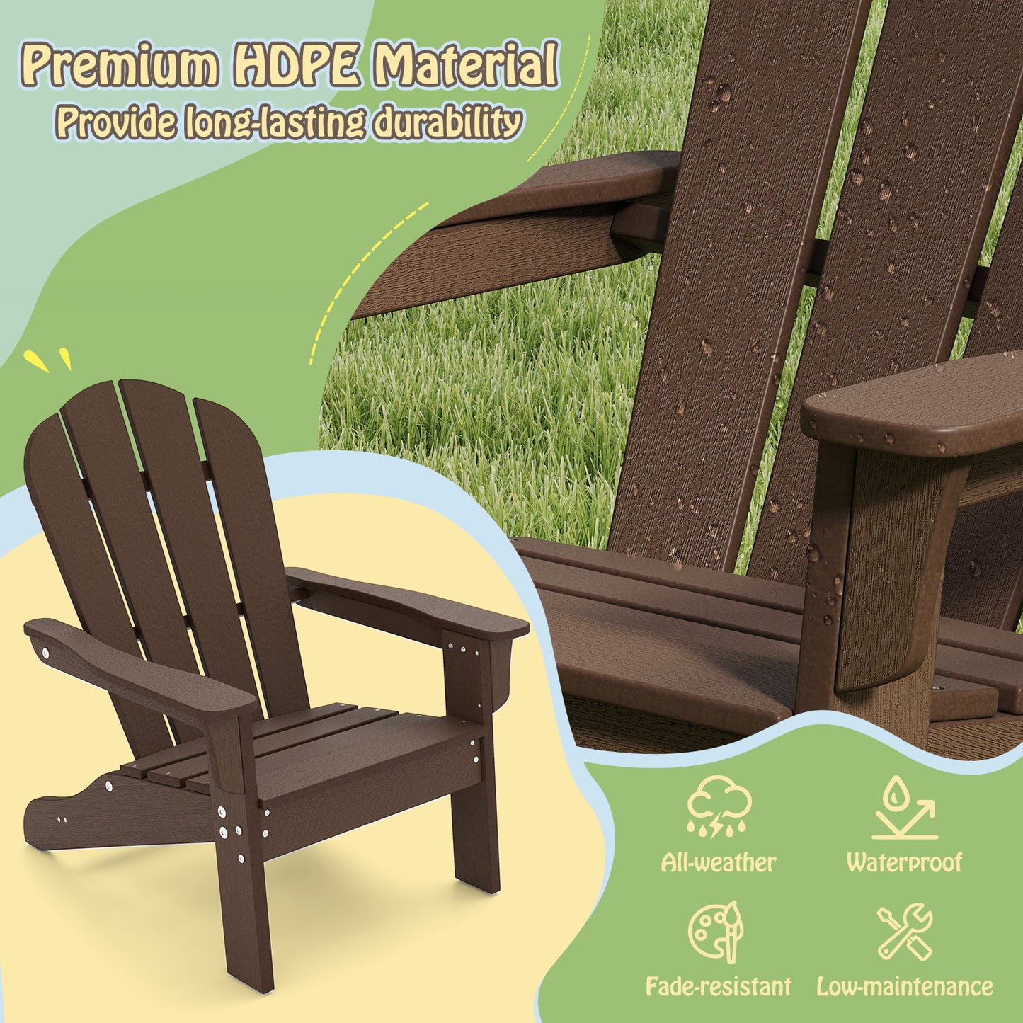 All-Weather HDPE Kid's Adirondack Chair with with High Backrest and Armrests-Brown