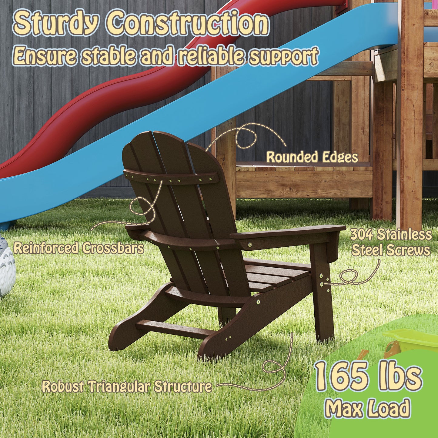 All-Weather HDPE Kid's Adirondack Chair with with High Backrest and Armrests-Brown