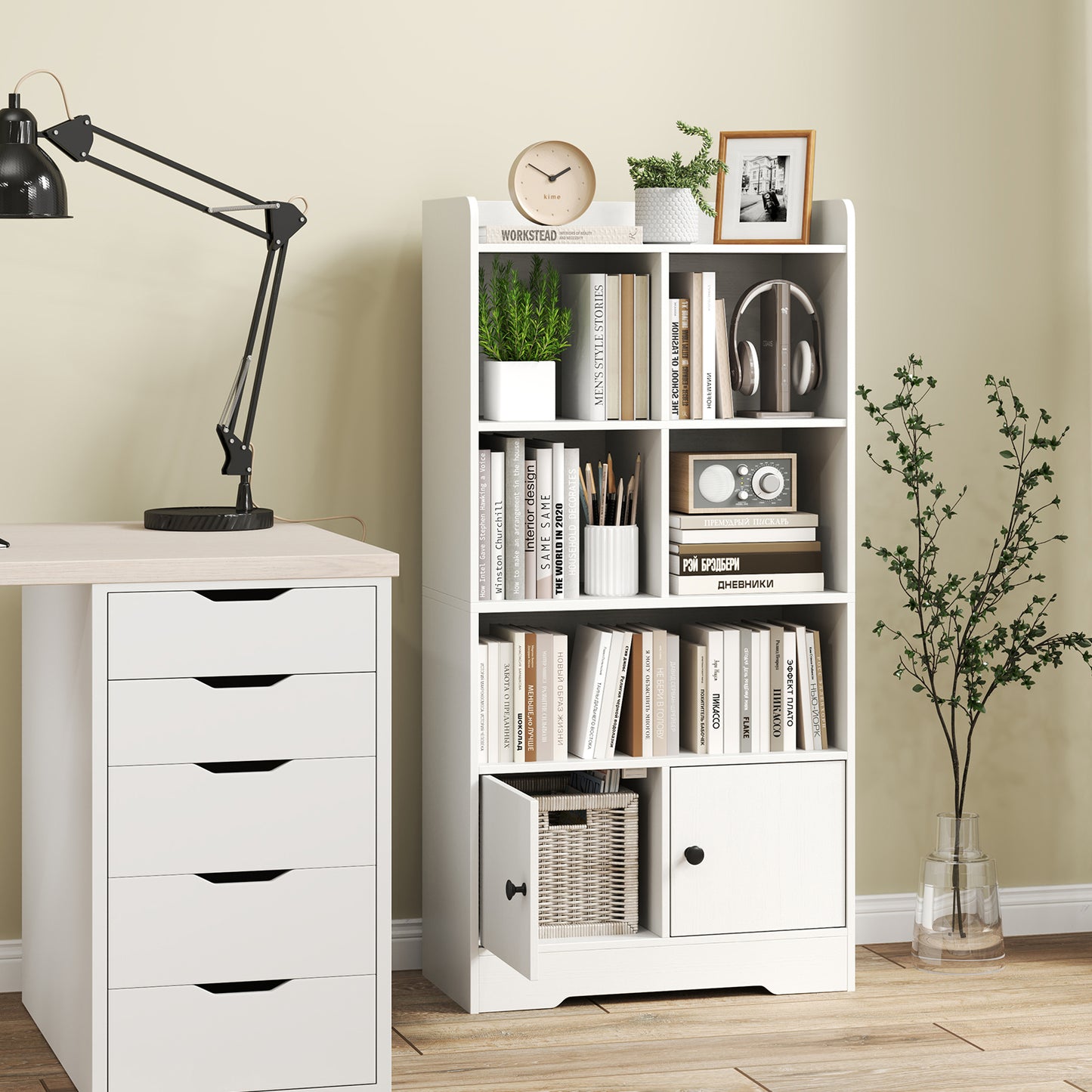 4 Tiers Bookshelf with 4 Cubes Display Shelf and 2 Doors-White Kids Crystal