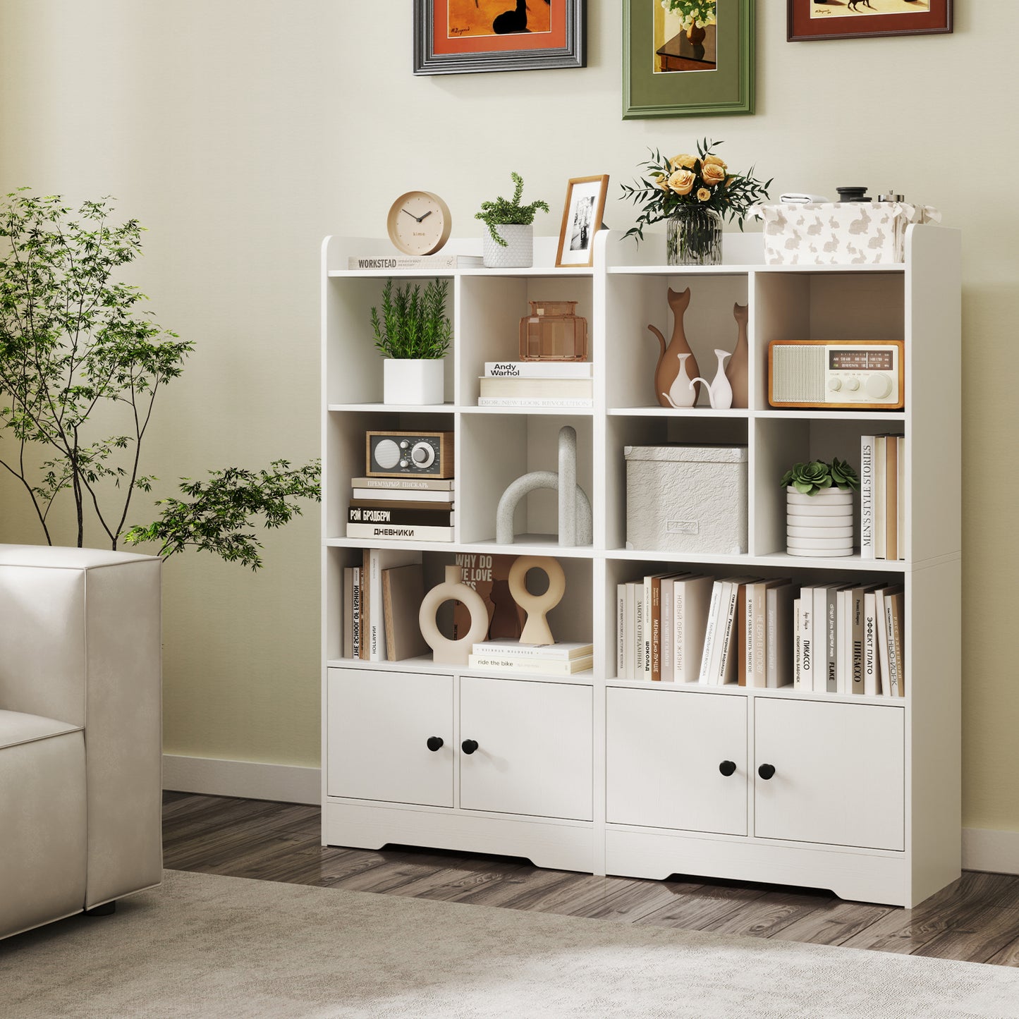 4 Tiers Bookshelf with 4 Cubes Display Shelf and 2 Doors-White Kids Crystal