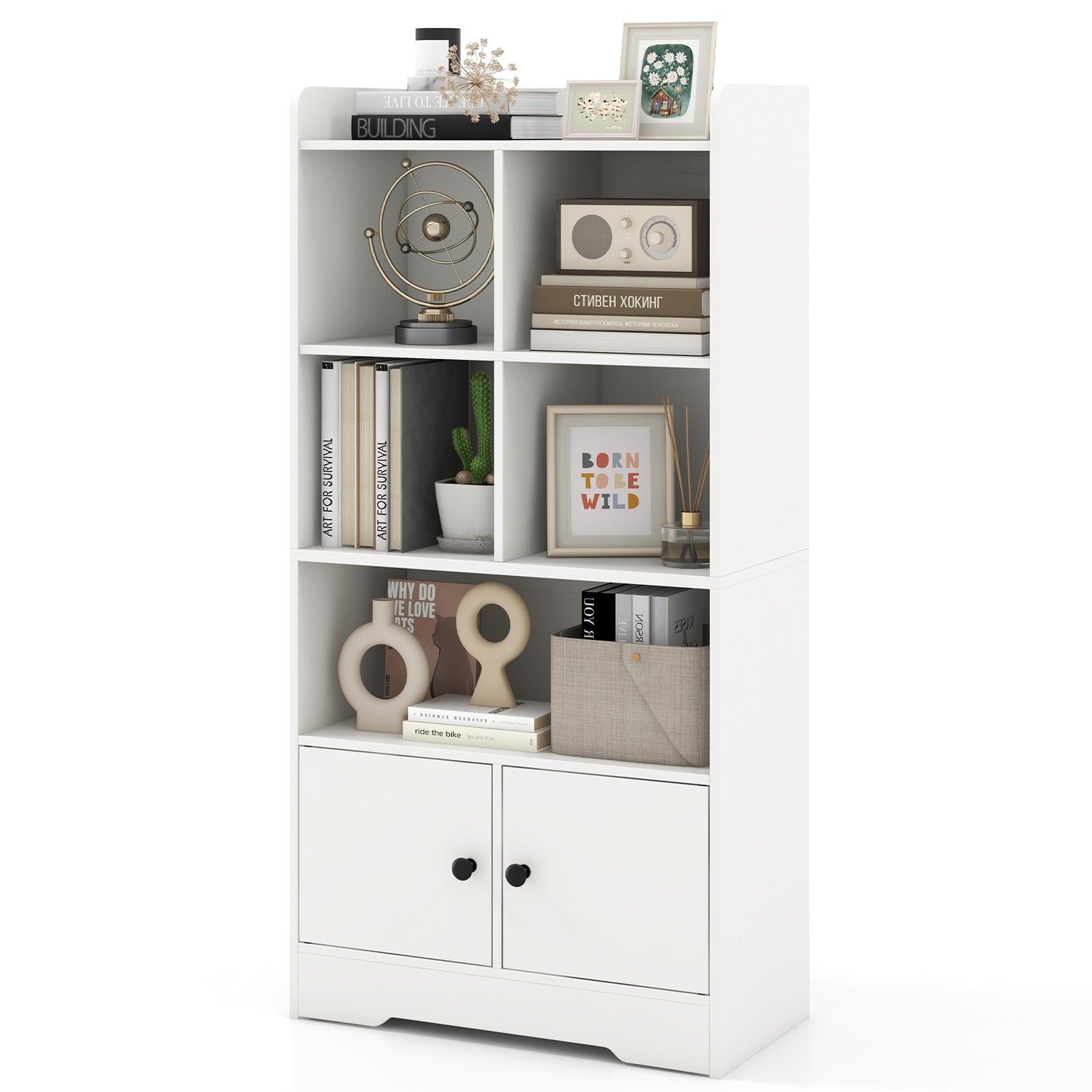 4 Tiers Bookshelf with 4 Cubes Display Shelf and 2 Doors-White Kids Crystal