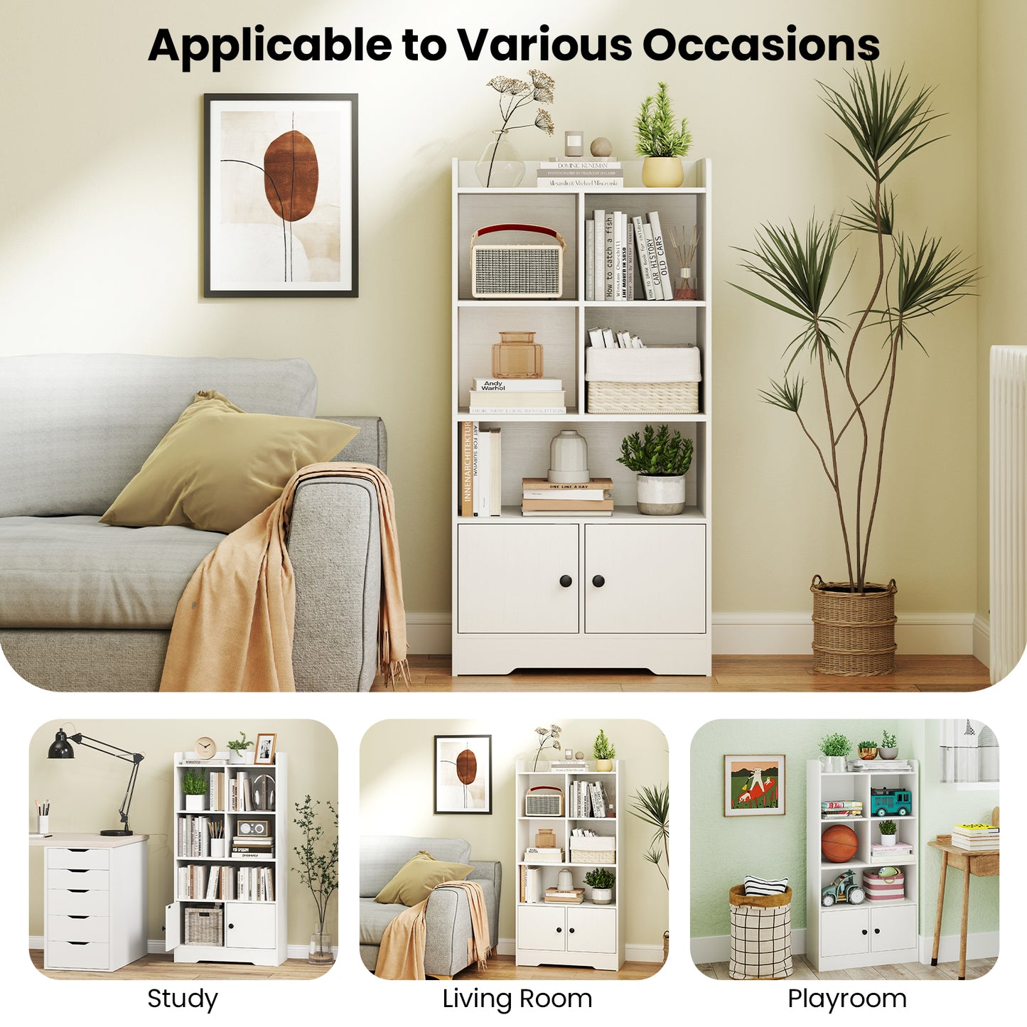 4 Tiers Bookshelf with 4 Cubes Display Shelf and 2 Doors-White Kids Crystal