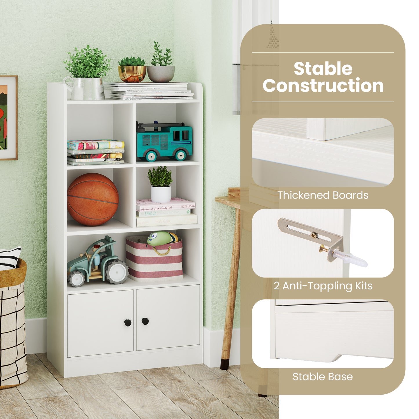 4 Tiers Bookshelf with 4 Cubes Display Shelf and 2 Doors-White Kids Crystal