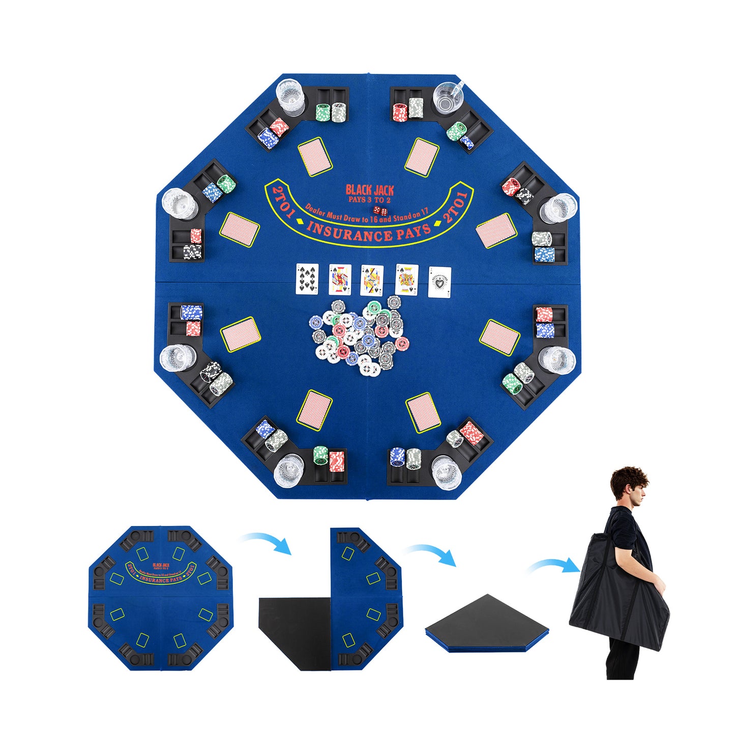 48 Inch 8-Player Foldable Poker Table Top with Carrying Bag and Cup Holders-Blue Kids Crystal