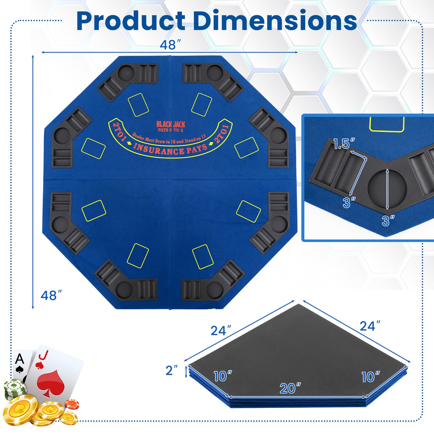 48 Inch 8-Player Foldable Poker Table Top with Carrying Bag and Cup Holders-Blue Kids Crystal